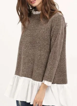 Small brown high neck boho ruffle sweater thumbnail 1