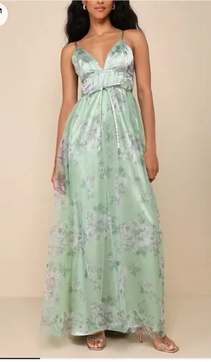 Lulus Delightful Invitation Green Floral Tulle Sleeveless Maxi‎ Dress thumbnail 1