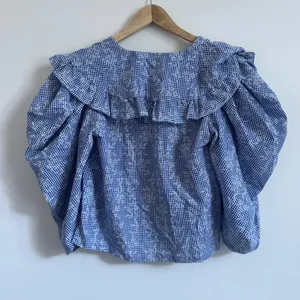 NEW Gigio Gingham Floral Puff Sleeve Top size small blue ruffle boho NWT blouse thumbnail 6