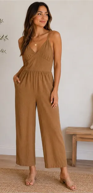 ✨🤎 Japna Brown Linen Blend Wide Leg‎ Jumpsuit Size Small Boho Tie Back 🤎✨ thumbnail 1