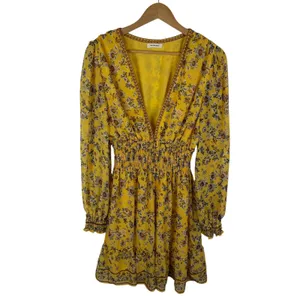 Max Studio Yellow Floral Smocked V-Neck‎ Mini Dress Cottage Boho Feminine Spring thumbnail 2