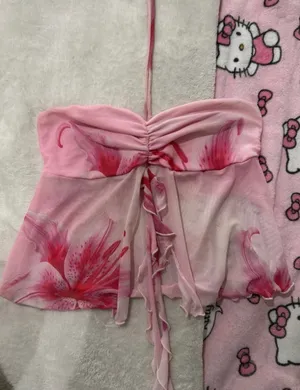 Pink Floral Split Front Babydoll Halter Top thumbnail 1