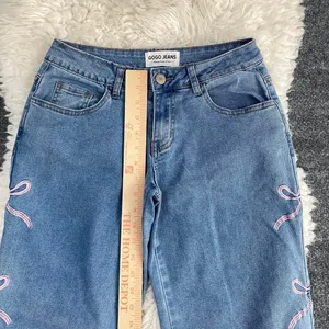 Gogo Jeans Denim Blue Wide Leg Jeans Mid Rise Pink Bow Embroidered Coquette Boho thumbnail 4