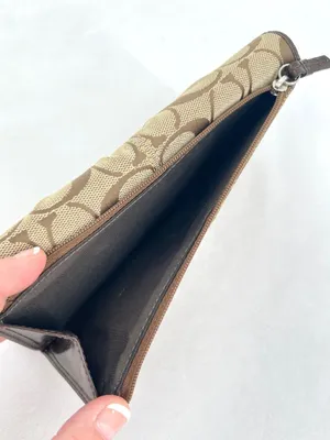 Coach Signature Canvas Khaki Jacquard Brown Leather Trifold Snap Closure Wallet thumbnail 8
