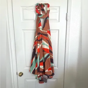 Anthropologie Hutch Halter‎ Pleated Swing Mini Dress Orange Blue Brown M NWT thumbnail 4