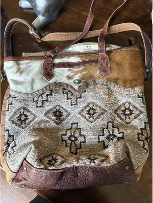 Myra Bag Large Woven Tote Bag with Leather Trim and Turquoise Concho thumbnail 1