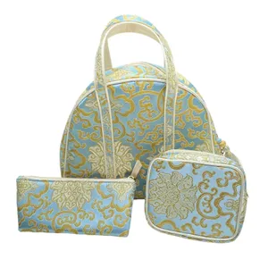 Vtg 60s Baby Blue Gold Chinoiserie Vanity Case 3pc Cosmetic Travel Bag Set thumbnail 1