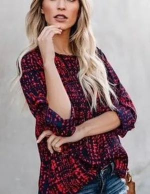 VICI Red Blue Splatter Eyelet Panel Oversized Long Sleeve Blouse Women’s L thumbnail 1