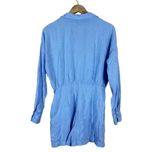 Zara Linen Blend Faux Wrap Long Sleeve Romper Blue Coastal Lughtweight Size M thumbnail 5