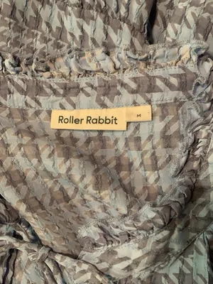 Roller Rabbit Top M Blue Gray Muted Houndstooth Print Tie Detail Long Sleeve thumbnail 3