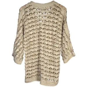 Charter Club Wool Blend Beige Brown Crochet‎ Knit Cardigan Sweater L 3/4 Sleeve thumbnail 2