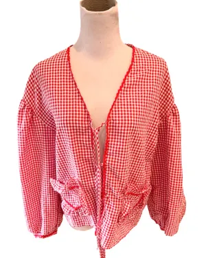 Red Gingham Sweetheart Tie Front Top Jacket Hearts Lightweight S thumbnail 3