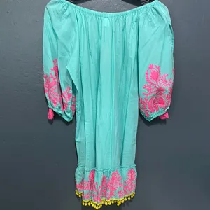 Boutique Aqua Off-Shoulder Dress coverup with Pink Embroidery thumbnail 6
