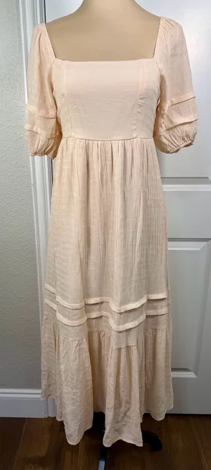 Vici Women's Peach Puff Sleeve Square Neck Tiered Midi Dress thumbnail 1