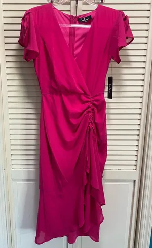 Lulus Maxi Dress Gown Hot Pink‎ Ruffle Cold Shoulder Tie Up Skirt Size XS NEW thumbnail 1
