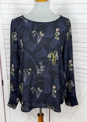 Loft Botanical Floral Print Tunic Blouse Blue Multi Medium Popover Chiffon‎ thumbnail 1