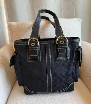 Coach Soho Tote Bag Women's Black Canvas Casual Signature Monogram Multi Pocket thumbnail 1