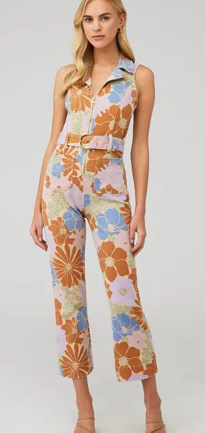 Show Me Your MuMu Floral Zip Jacksonville Jumpsuit in Blue, Tan & Lavender thumbnail 1