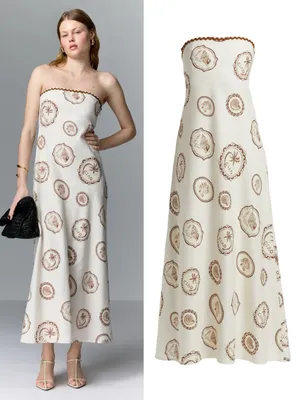 Kivari • Anthropologie Ciao Strapless Maxi Dress white linen print rickrack thumbnail 8