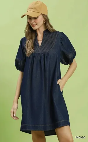 Umgee Notched Puff Sleeve Mini Dress‎ with Pockets - Small thumbnail 1