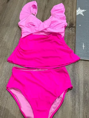 Pink Ruffled Swimsuit Set tankini - sexy cutout ruched side- small thumbnail 1
