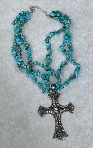 Turquoise Stone Triple-Strand Necklace with Silver Cross Pendant thumbnail 1