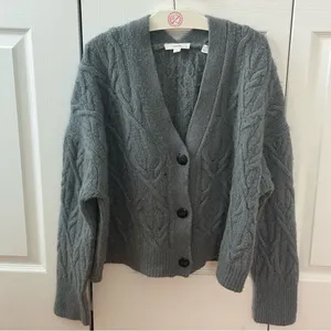 Vince Interlocking Cable Wool Cashmere Blend Cardigan in Gray thumbnail 2