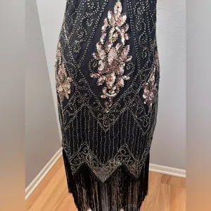 #10 Vintage-Inspired Black Beaded Flapper Dress with Fringe-Large/Size 14 thumbnail 6