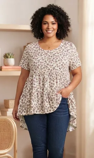 High-Low Peplum Tunic Top in Cream with Mauve Floral thumbnail 1