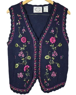 Erika‎ Vintage Navy Blue Embroidered Floral Ribbon Beaded Knit Vest Medium thumbnail 1