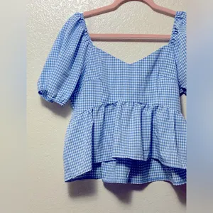 Blue Gingham Plaid Babydoll Puff Sleeve Blouse Top thumbnail 4