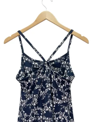 PACT Organic Cotton Fit Flare Midi Dress Size Large Navy Floral Shelf Bra Knit thumbnail 7