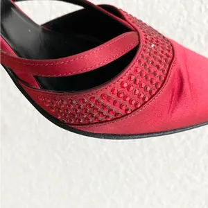 Vintage ESCADA Red Satin Embellished Pointy Toe Sling Back High Heels Pump 37 thumbnail 10