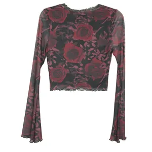 Cosmic Aura Red Rose Floral Mesh Crop Top Lace Trim Bell Sleeve Y2K Gothic Sheer thumbnail 6