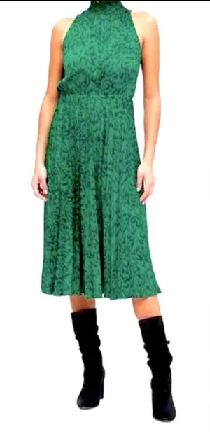 Banana Republic Midi Pleated Dress Green Satin Party Holiday Animal Print size M thumbnail 1