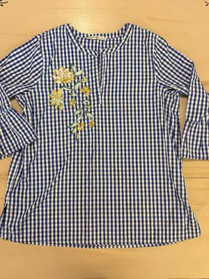 Blue Gingham Embroidered Women’s Blouse thumbnail 1