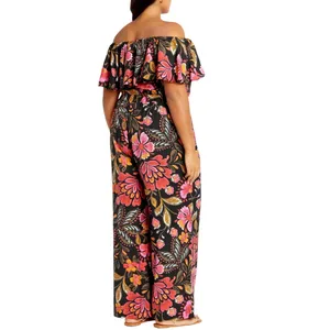 NWT City Chic Floral Print Off The Shoulder Jumpsuit Pink Black Orange Size 14 thumbnail 3