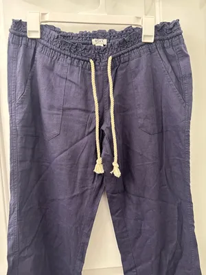 Roxy Oceanside Navy Blue Linen Drawstring Flare Pants Size L thumbnail 4