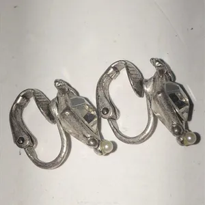 Vintage Satin Silver Tone & CZ Rhinestone Classic Retro Boho Clip On Earrings thumbnail 2