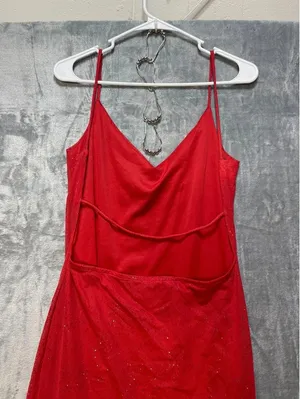 Morgan and Co Linda Bernell Vintage Red Glitter Asymmetrical Mesh Dress No Size thumbnail 6