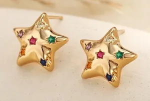 Gold Star Earrings with Multicolor Gems thumbnail 1