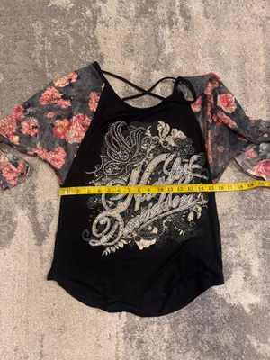 Harley-Davidson Black Raglan Top with Pink Floral Sleeves thumbnail 5