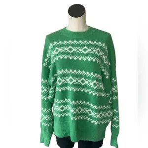 NWOT Aerie Flurry Oversized Crew Neck Green White Sweater thumbnail 6