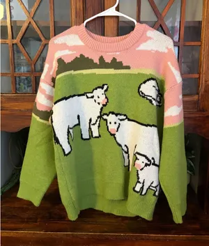 Aelfric Eden Sheep Pastoral Landscape Knit Sweater Green Pink Size Medium thumbnail 1