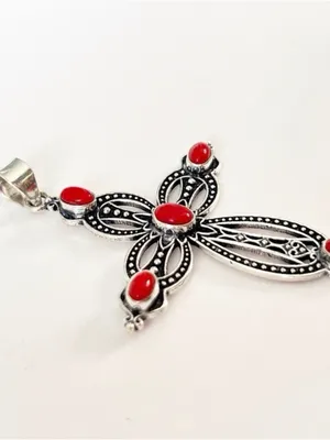 925 Sterling Silver Coral Cross Necklace Gemstone womens jewerly thumbnail 4