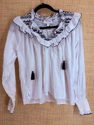 Cleobella Organic Cotton Smocked Ruffle Blouse Womens Small White Navy Tassel thumbnail 1