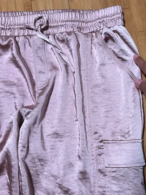 Seleste Drawstring Jogger Pants Pink Satin Cargo Pockets Ankle XL thumbnail 2