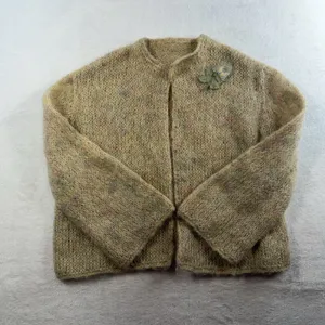 Vtg 70s Sz S Cardigan Sweater Open Knit CottageCore Granny Boho Handmade‎ Beige thumbnail 2