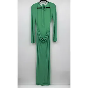 Dramatic Cowl-Neck Draped Back Maxi Dress Medium Green Long Sleeve Formal Sexy thumbnail 4