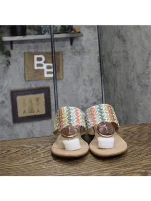 NWT Style & Co. Embellished Raffia Thong Block Heel Sandals Multi Brown 9M thumbnail 4